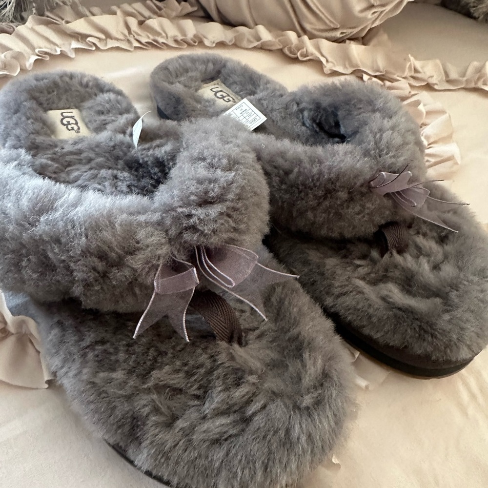 UGG Soft Gray Fluffy Slippers
